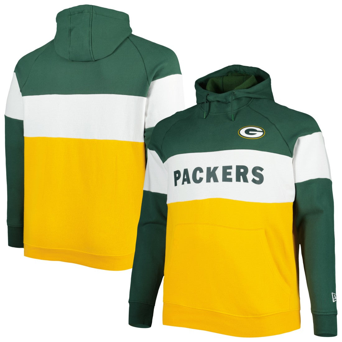Green Bay Packers New Era Big & Tall Current Team Colorblock Fleece Raglan Pullover Hoodie Green/Gold