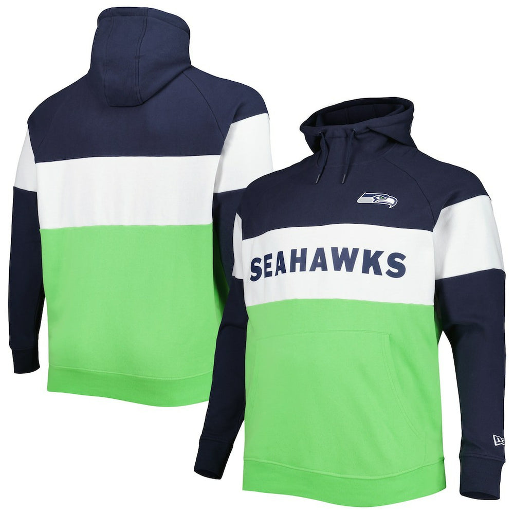 Seattle Seahawks New Era Big & Tall Current Team Colorblock Fleece Raglan Pullover Hoodie College Navy/Neon Green