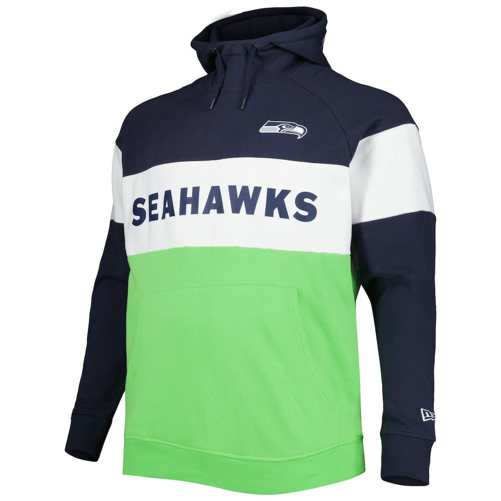 Seattle Seahawks New Era Big & Tall Current Team Colorblock Fleece Raglan Pullover Hoodie College Navy/Neon Green
