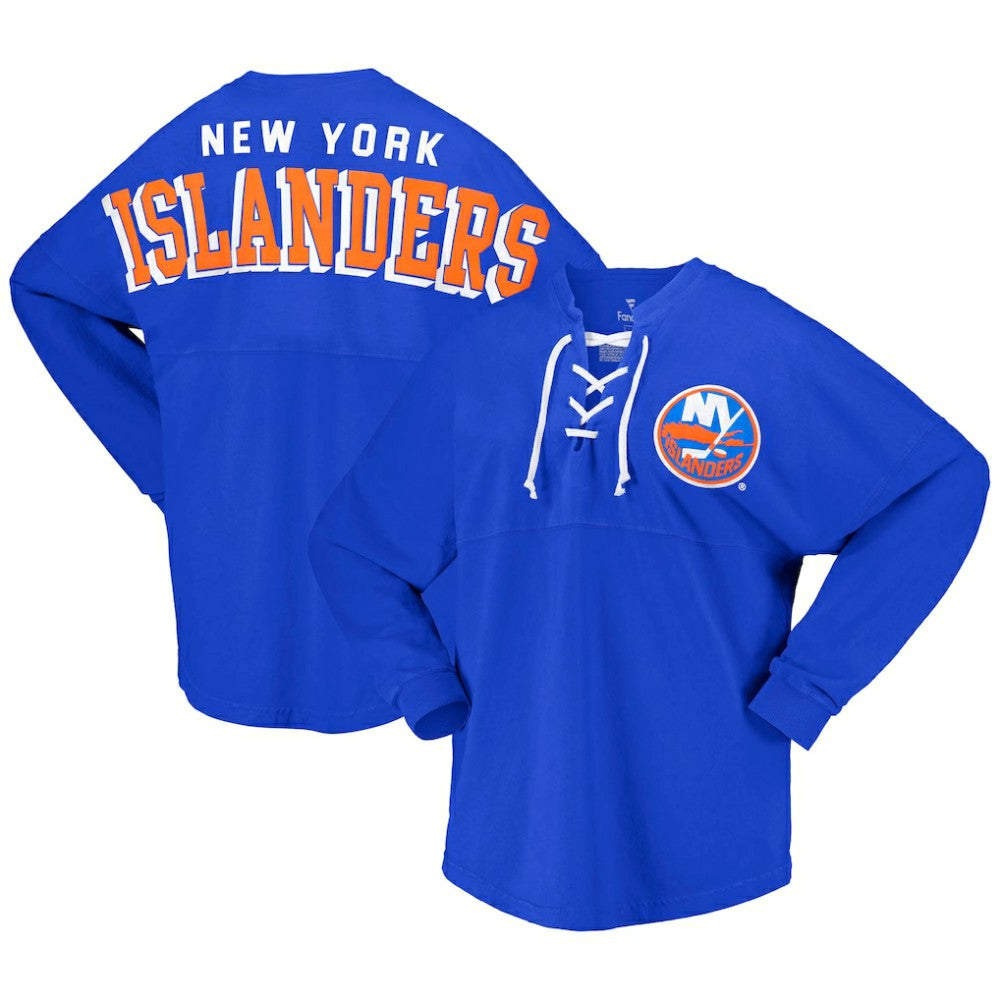 NHL New York Islanders Fanatics Women's Spirit Lace-Up V-Neck Long Sleeve Jersey T-Shirt - Royal