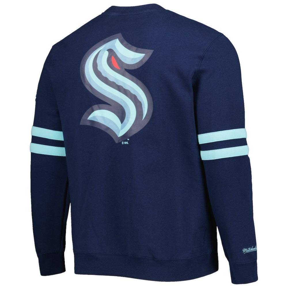 NHL Seattle Kraken Mitchell & Ness Allover Logo Pullover Sweatshirt - Deep Sea Blue
