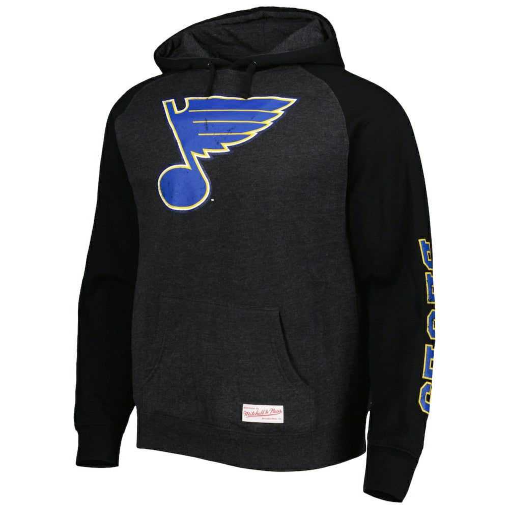 NHL St. Louis Blues Mitchell & Ness Distressed Logo Raglan Pullover Hoodie - Heather Black