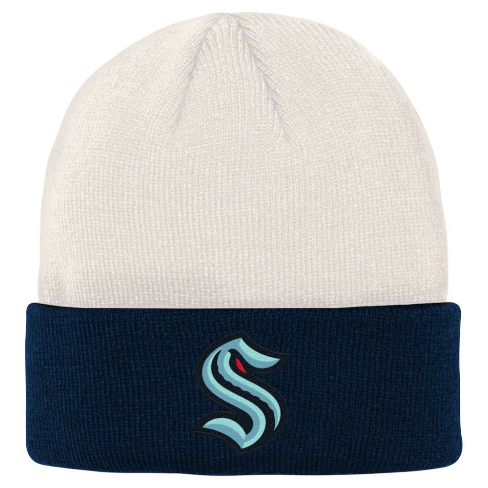NHL Seattle Kraken Youth Logo Cuffed Knit Hat - Cream/Deep Sea Blue