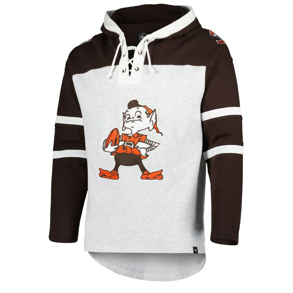 Cleveland Browns '47 Brownie The Elf Historic Logo Gridiron Lace-Up Pullover Hoodie Heather Gray