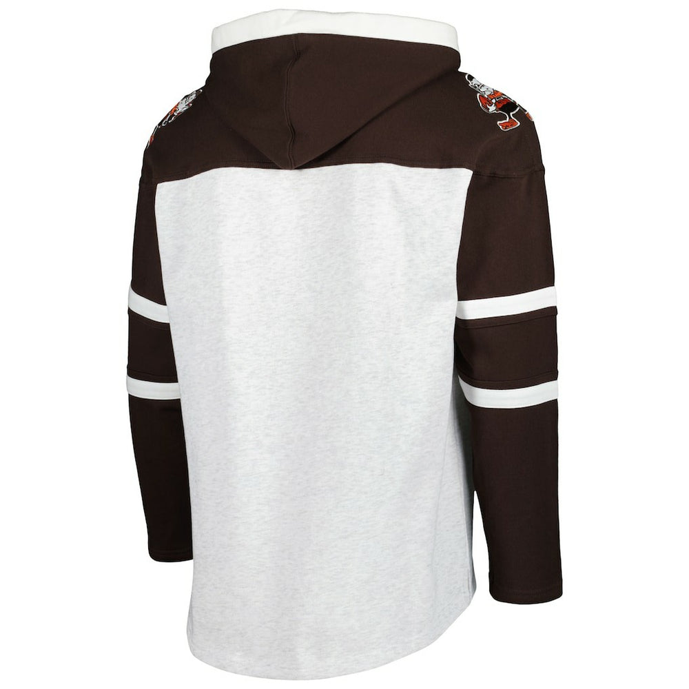 Cleveland Browns '47 Brownie The Elf Historic Logo Gridiron Lace-Up Pullover Hoodie Heather Gray