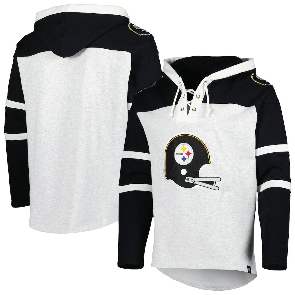 Pittsburgh Steelers '47 Historic Logo Gridiron Lace-Up Pullover Hoodie Heather Gray