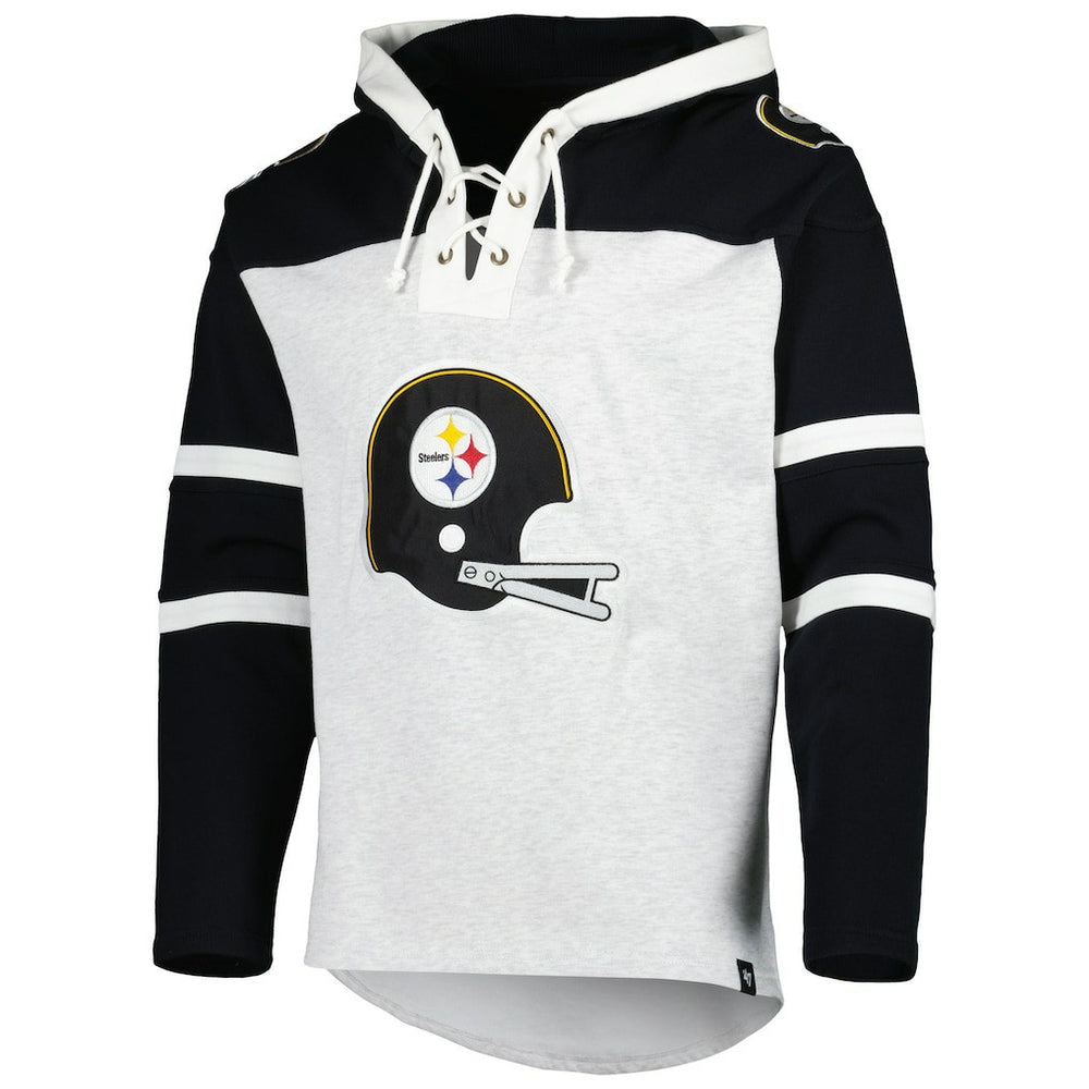 Pittsburgh Steelers '47 Historic Logo Gridiron Lace-Up Pullover Hoodie Heather Gray