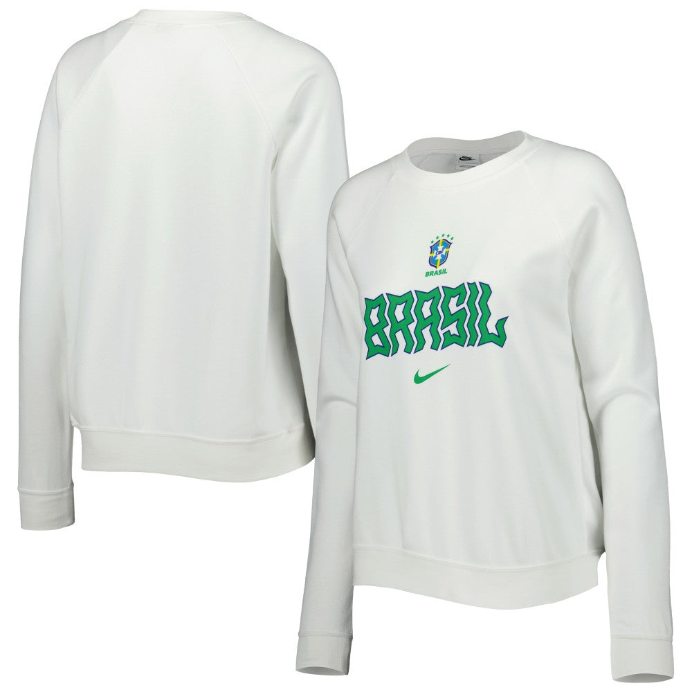 Brazil National Team Women's Lockup Varsity Tri-Blend Raglan Pullover Sweatshirt White