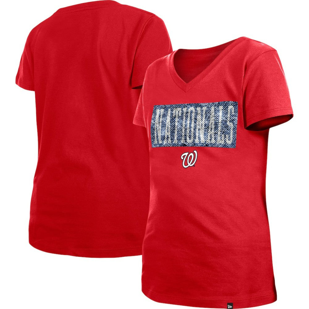 Washington Nationals New Era Girls Youth Flip Sequin Team V-Neck T-Shirt - Red T-shirts