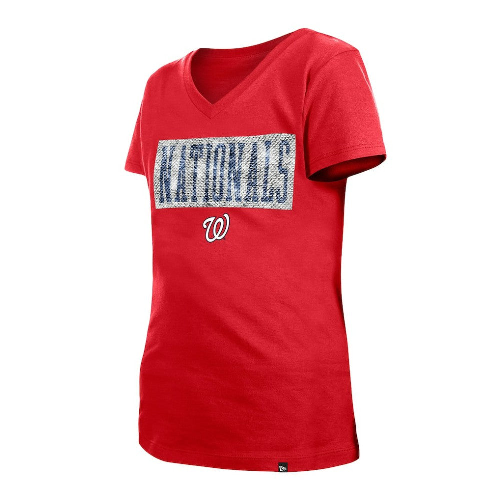 Washington Nationals New Era Girls Youth Flip Sequin Team V-Neck T-Shirt - Red T-shirts