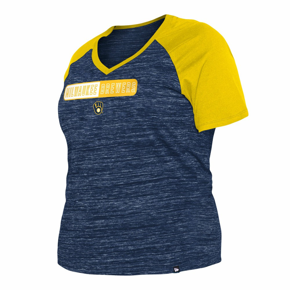Milwaukee Brewers New Era Women's Plus Size Space Dye Raglan V-Neck T-Shirt - Navy T-shirts