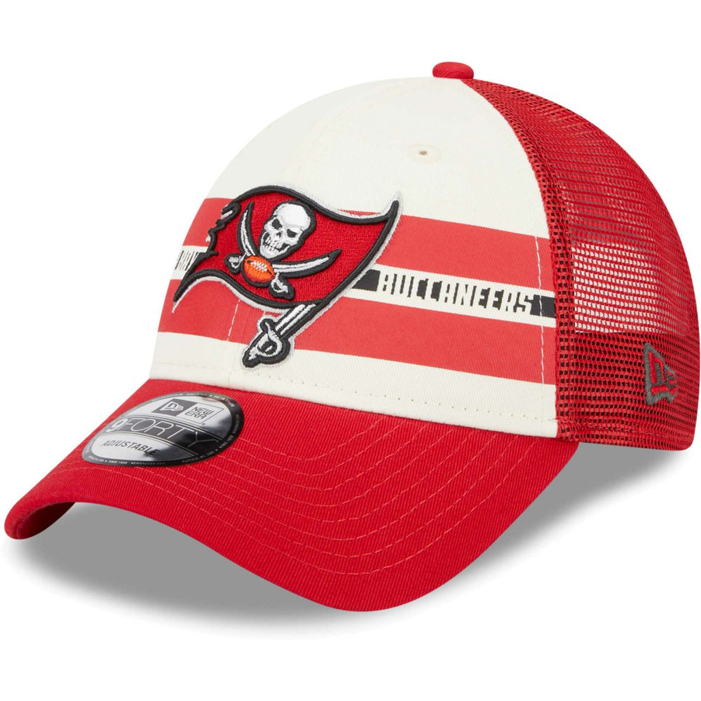 Tampa Bay Buccaneers New Era Team Stripe Trucker 9FORTY Snapback Hat Cream/Red