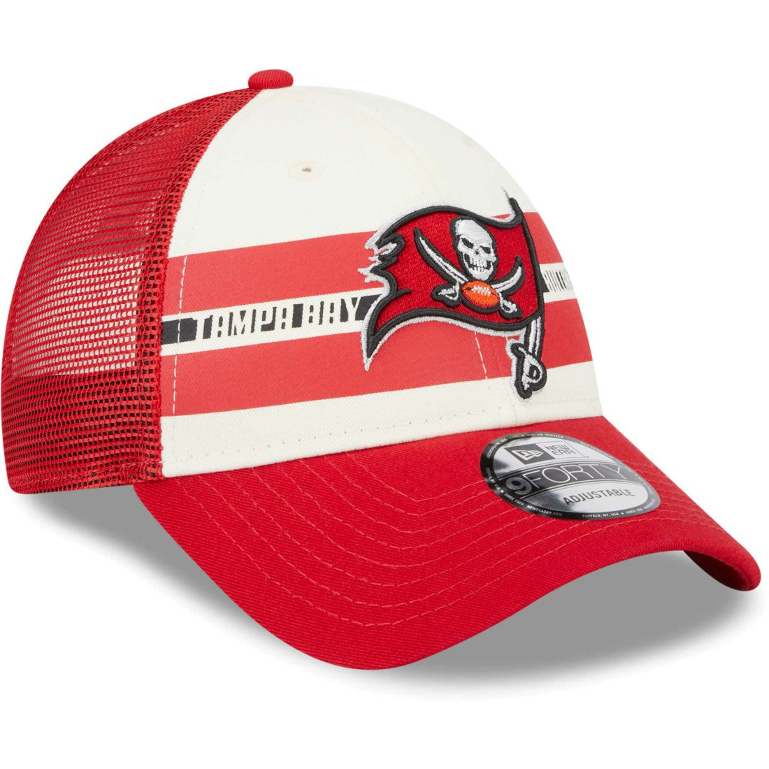 Tampa Bay Buccaneers New Era Team Stripe Trucker 9FORTY Snapback Hat Cream/Red