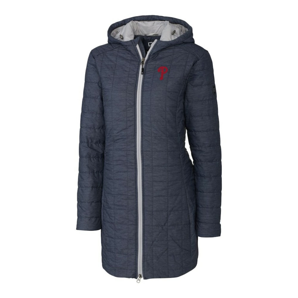 Philadelphia Phillies Cutter & Buck Women's Rainier Primaloft Eco Full-Zip Hoodie Long Coat - Heathered Navy Hoodies