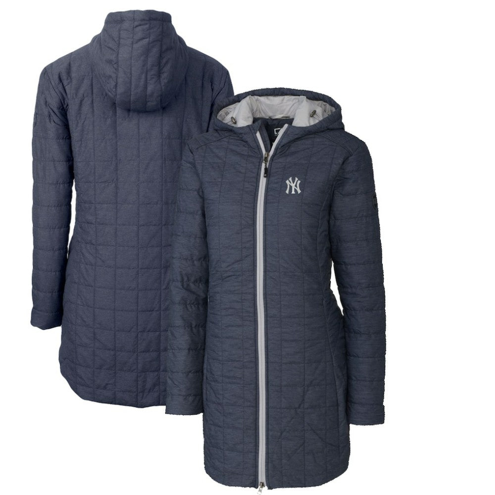 New York Yankees Cutter & Buck Women's Rainier Primaloft Eco Full-Zip Hoodie Long Coat - Heathered Navy Hoodies