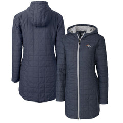 Denver Broncos Cutter & Buck Women's Rainier Primaloft Eco Hooded Long Lightweight Coat Heather Navy