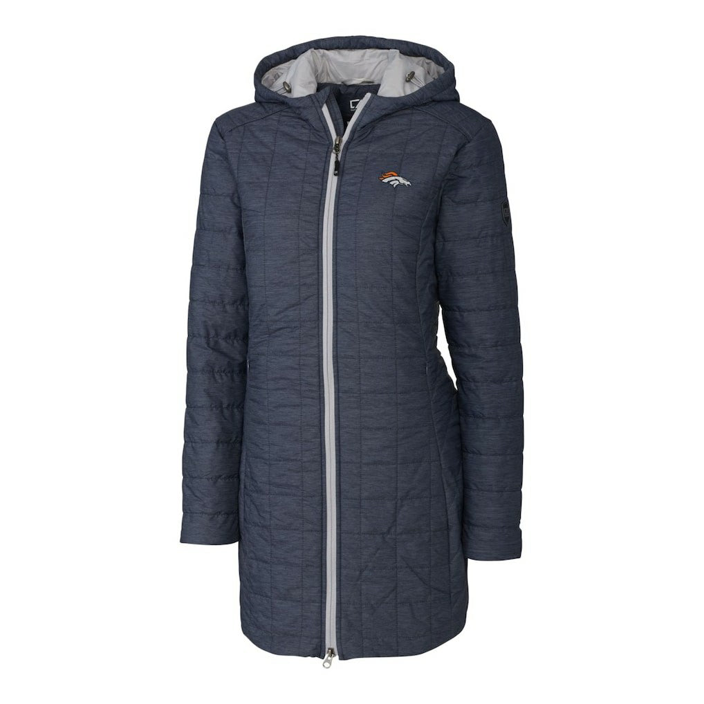 Denver Broncos Cutter & Buck Women's Rainier Primaloft Eco Hooded Long Lightweight Coat Heather Navy