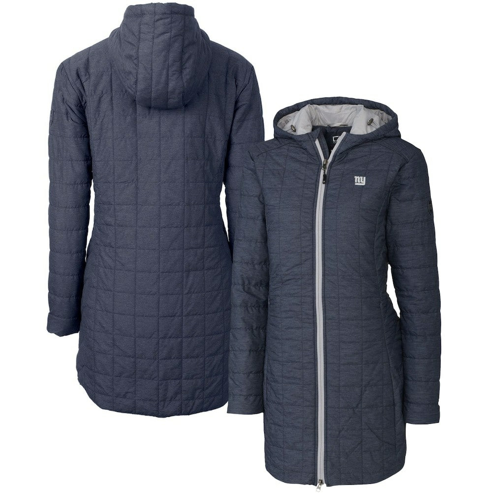 New York Giants Cutter & Buck Women's Rainier Primaloft Eco Hooded Long Lightweight Coat Heather Navy