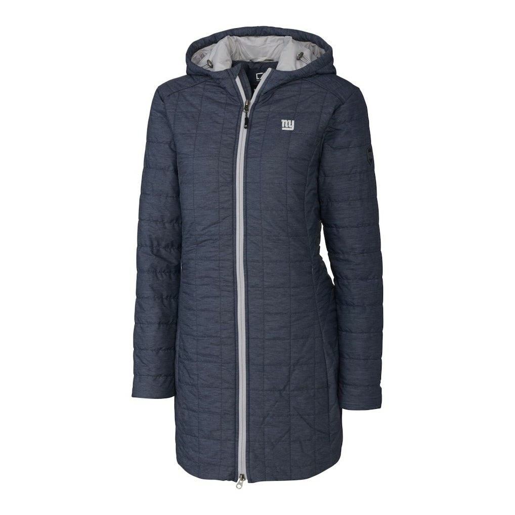 New York Giants Cutter & Buck Women's Rainier Primaloft Eco Hooded Long Lightweight Coat Heather Navy