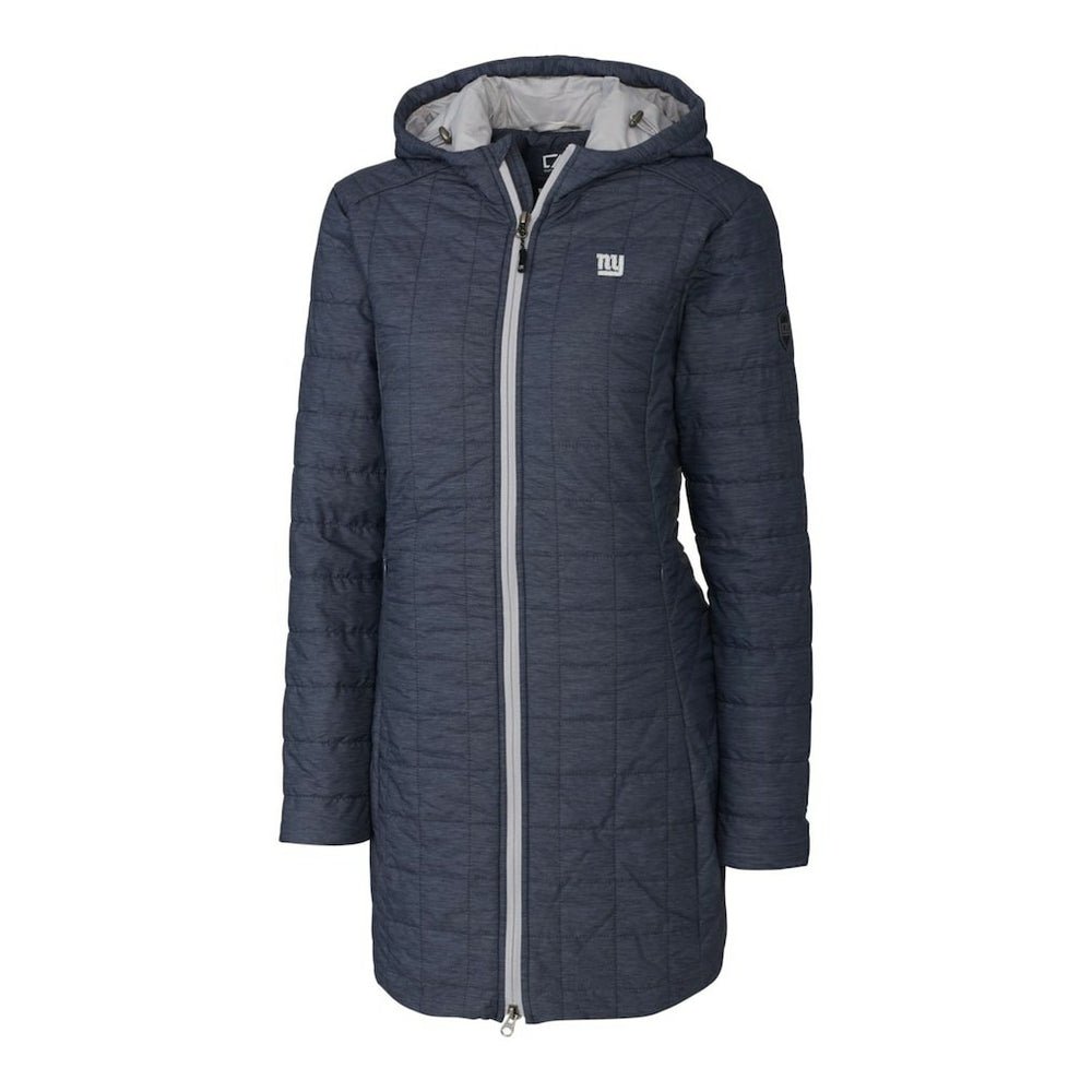 New York Giants Cutter & Buck Women's Rainier Primaloft Eco Hooded Long Lightweight Coat Heather Navy