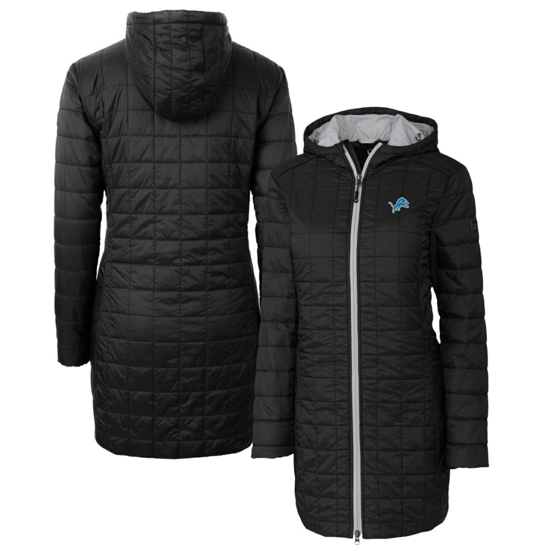 Detroit Lions Cutter & Buck Women's Rainier Primaloft Eco Hooded Long Lightweight Coat Black