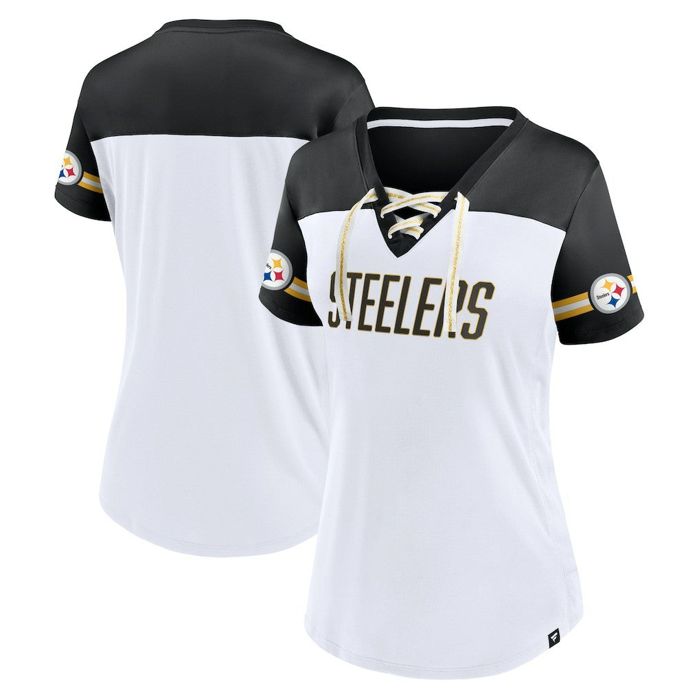 Pittsburgh Steelers Women's Dueling Slant V-Neck Lace-Up T-Shirt White