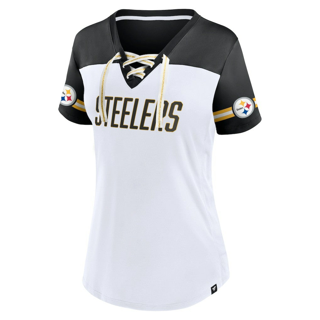 Pittsburgh Steelers Women's Dueling Slant V-Neck Lace-Up T-Shirt White