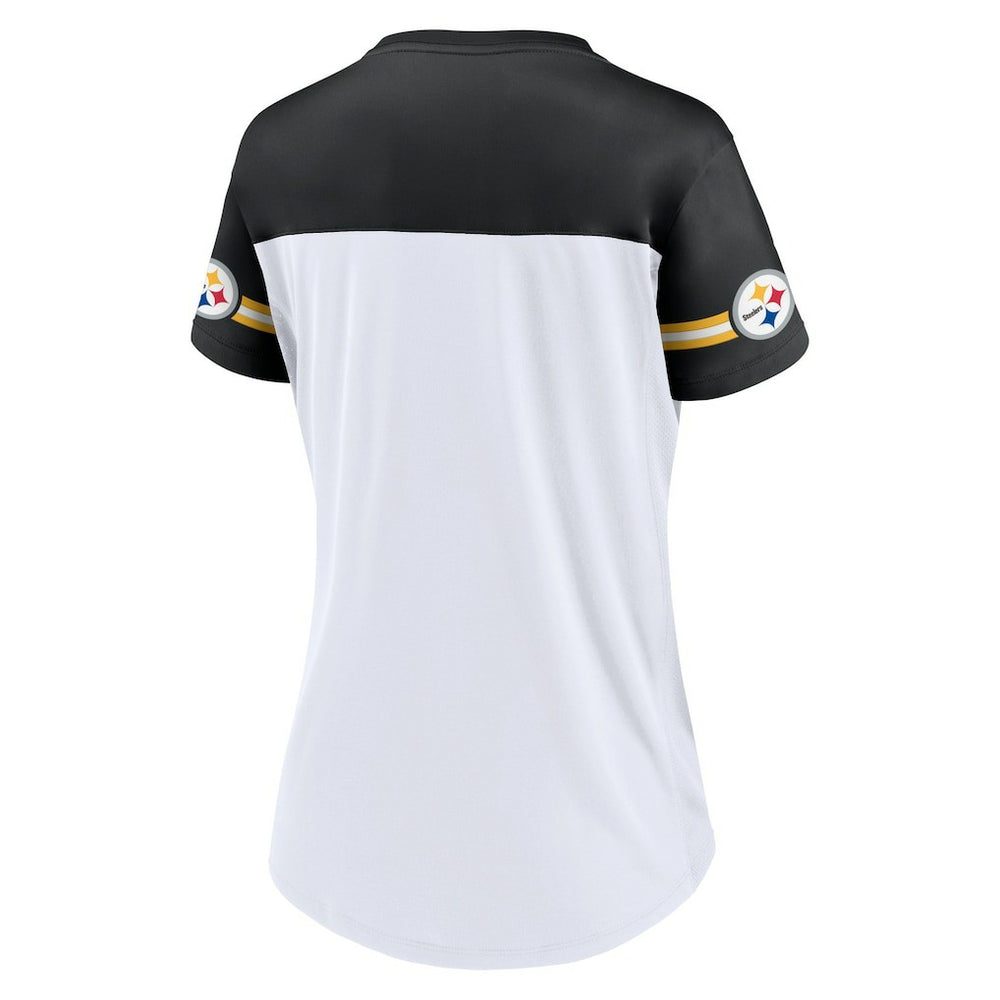 Pittsburgh Steelers Women's Dueling Slant V-Neck Lace-Up T-Shirt White