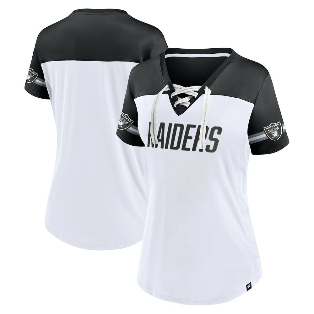 Las Vegas Raiders Women's Dueling Slant V-Neck Lace-Up T-Shirt White