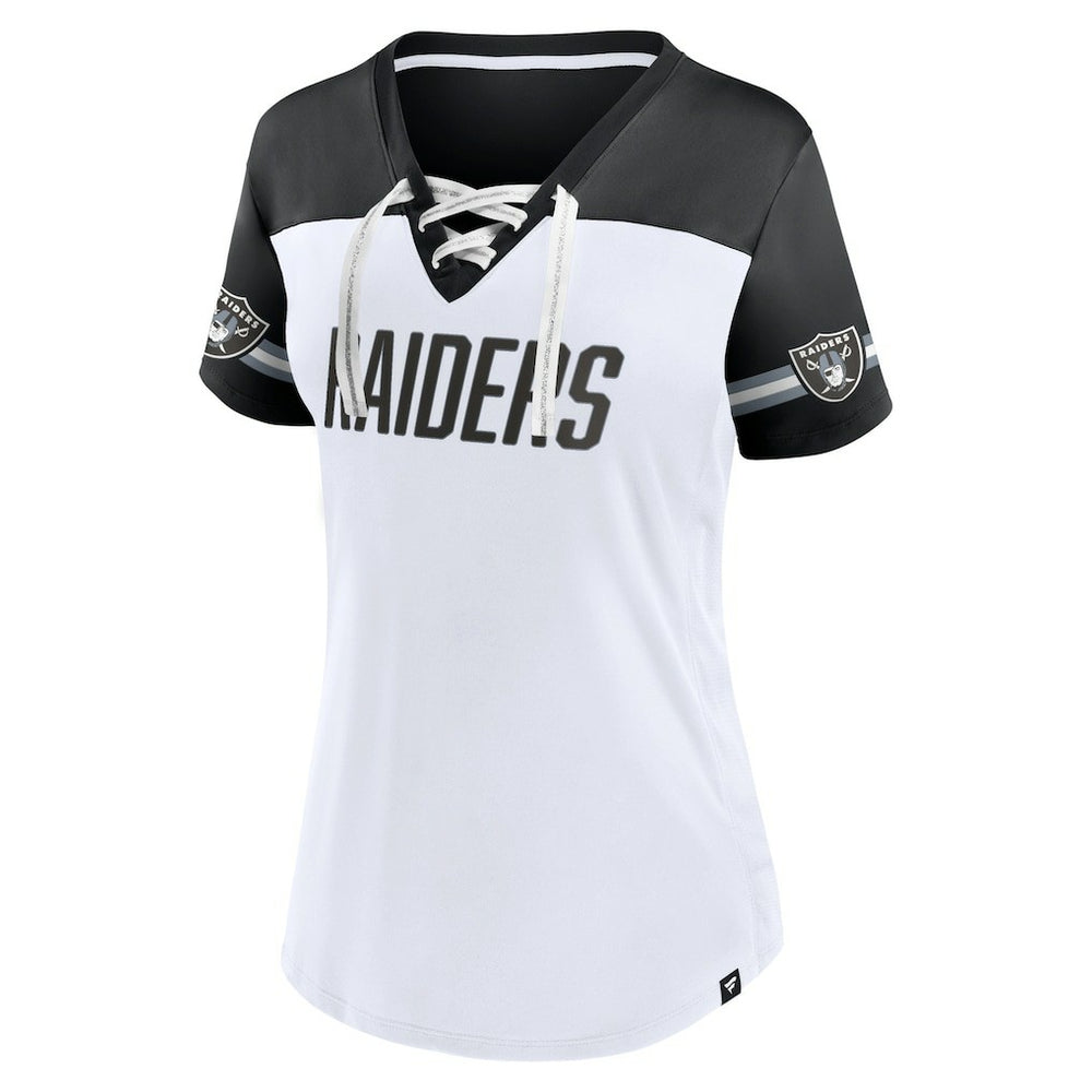 Las Vegas Raiders Women's Dueling Slant V-Neck Lace-Up T-Shirt White