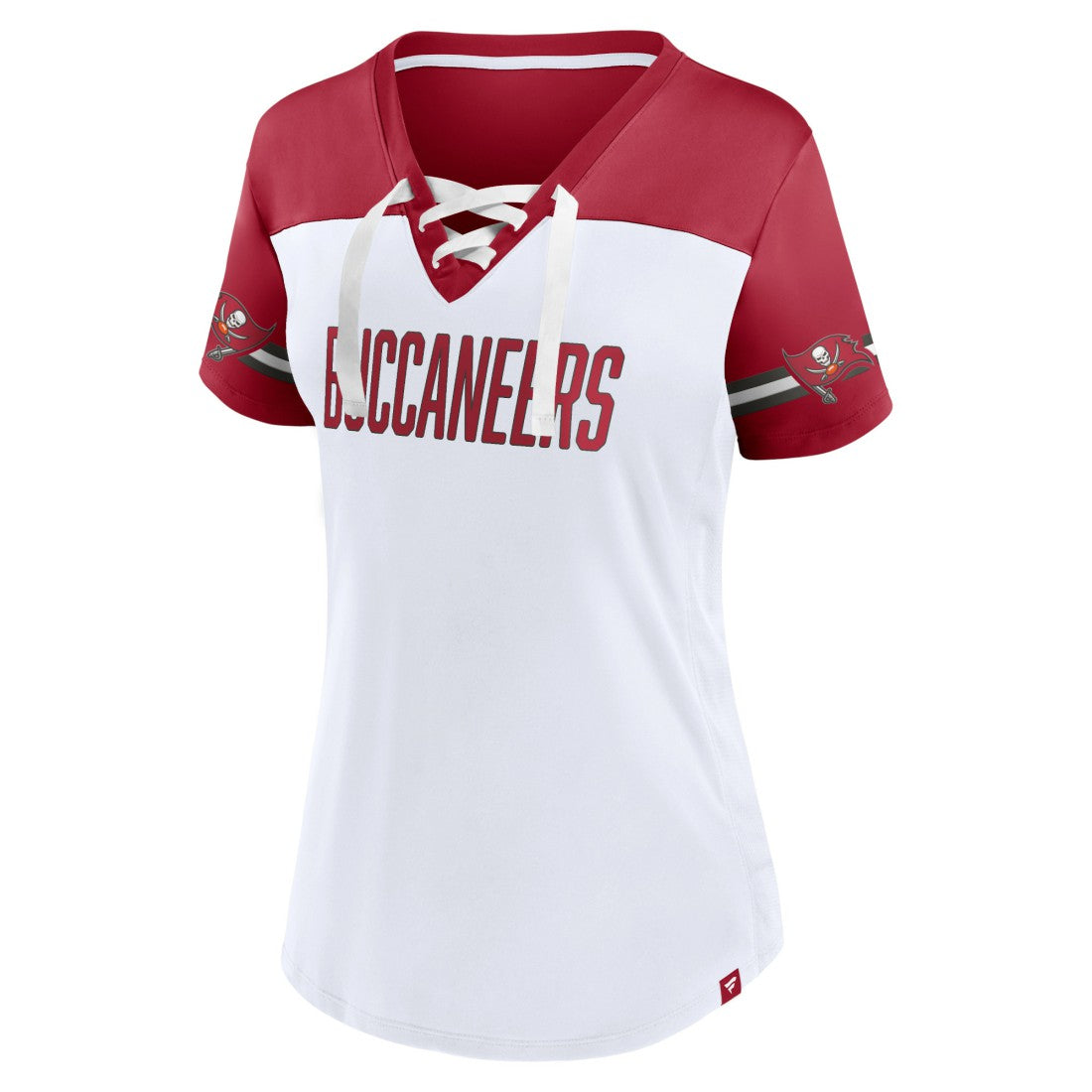 Tampa Bay Buccaneers Women's Dueling Slant V-Neck Lace-Up T-Shirt White