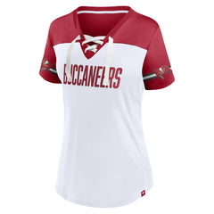Tampa Bay Buccaneers Women's Dueling Slant V-Neck Lace-Up T-Shirt White