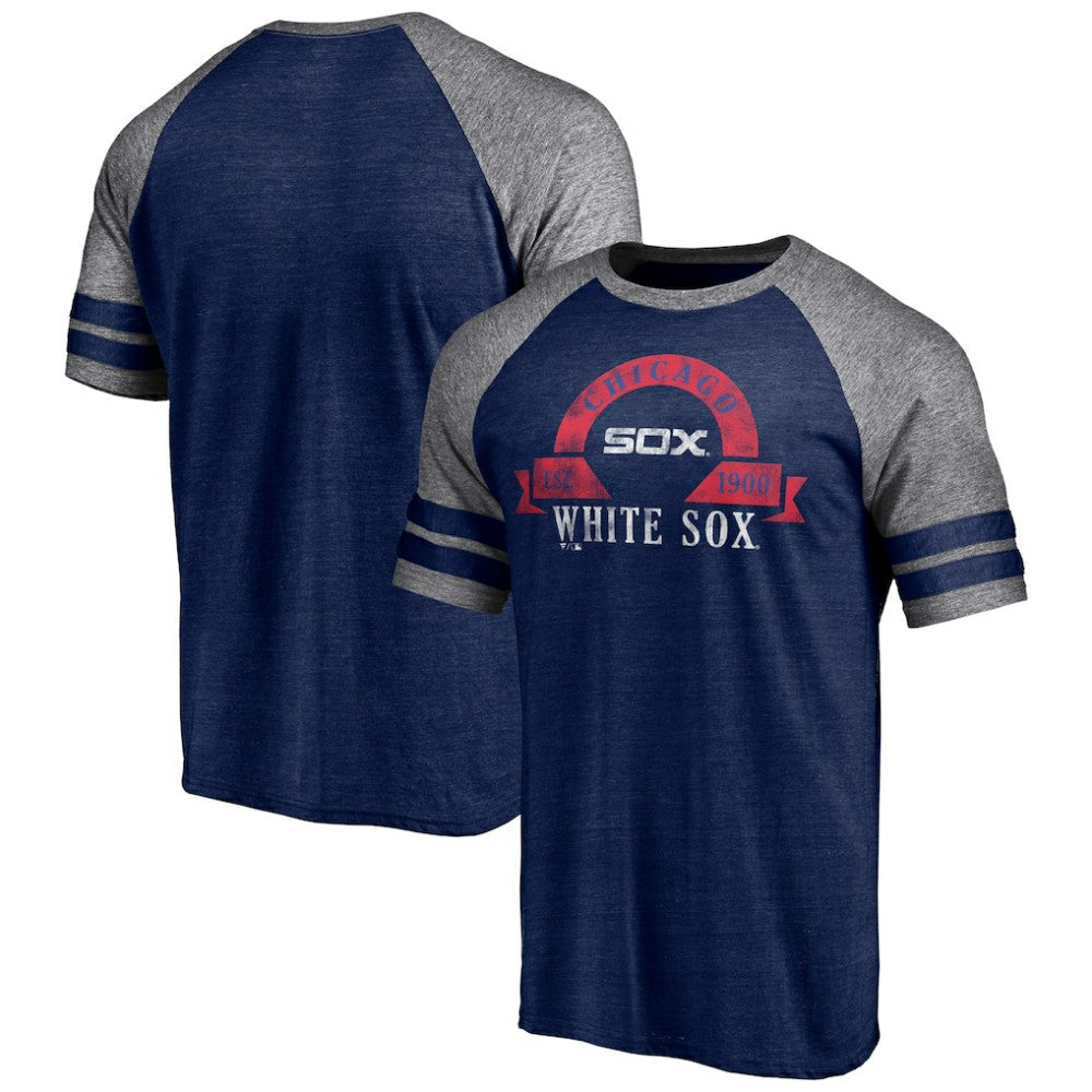 Chicago White Sox Fanatics Utility Two-Stripe Raglan Tri-Blend T-Shirt - Heather Navy T-shirts
