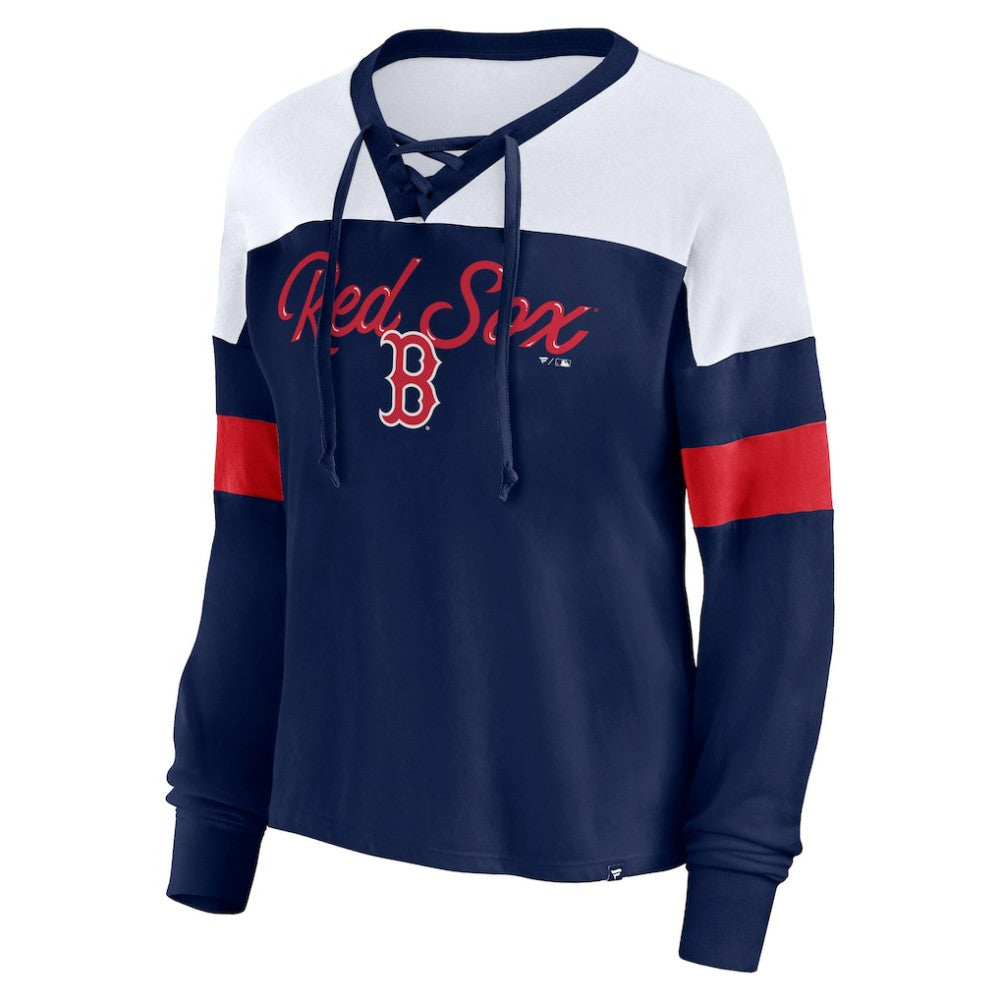 Boston Red Sox Fanatics Women's Even Match Lace-Up Long Sleeve V-Neck T-Shirt - Navy/White T-shirts