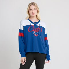Chicago Cubs Fanatics Women's Even Match Lace-Up Long Sleeve V-Neck T-Shirt - Royal/White T-shirts