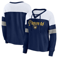 Milwaukee Brewers Fanatics Women's Even Match Lace-Up Long Sleeve V-Neck T-Shirt - Navy/White T-shirts
