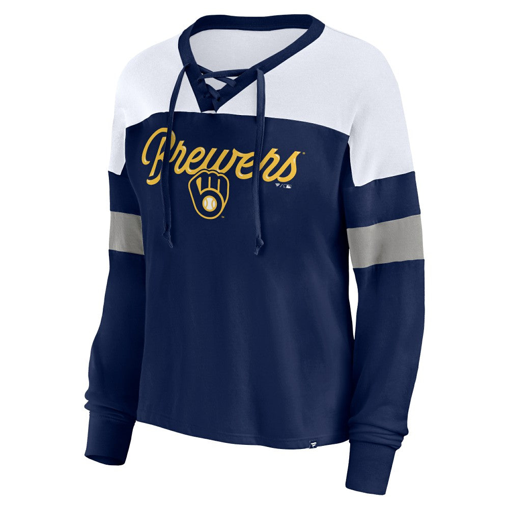 Milwaukee Brewers Fanatics Women's Even Match Lace-Up Long Sleeve V-Neck T-Shirt - Navy/White T-shirts