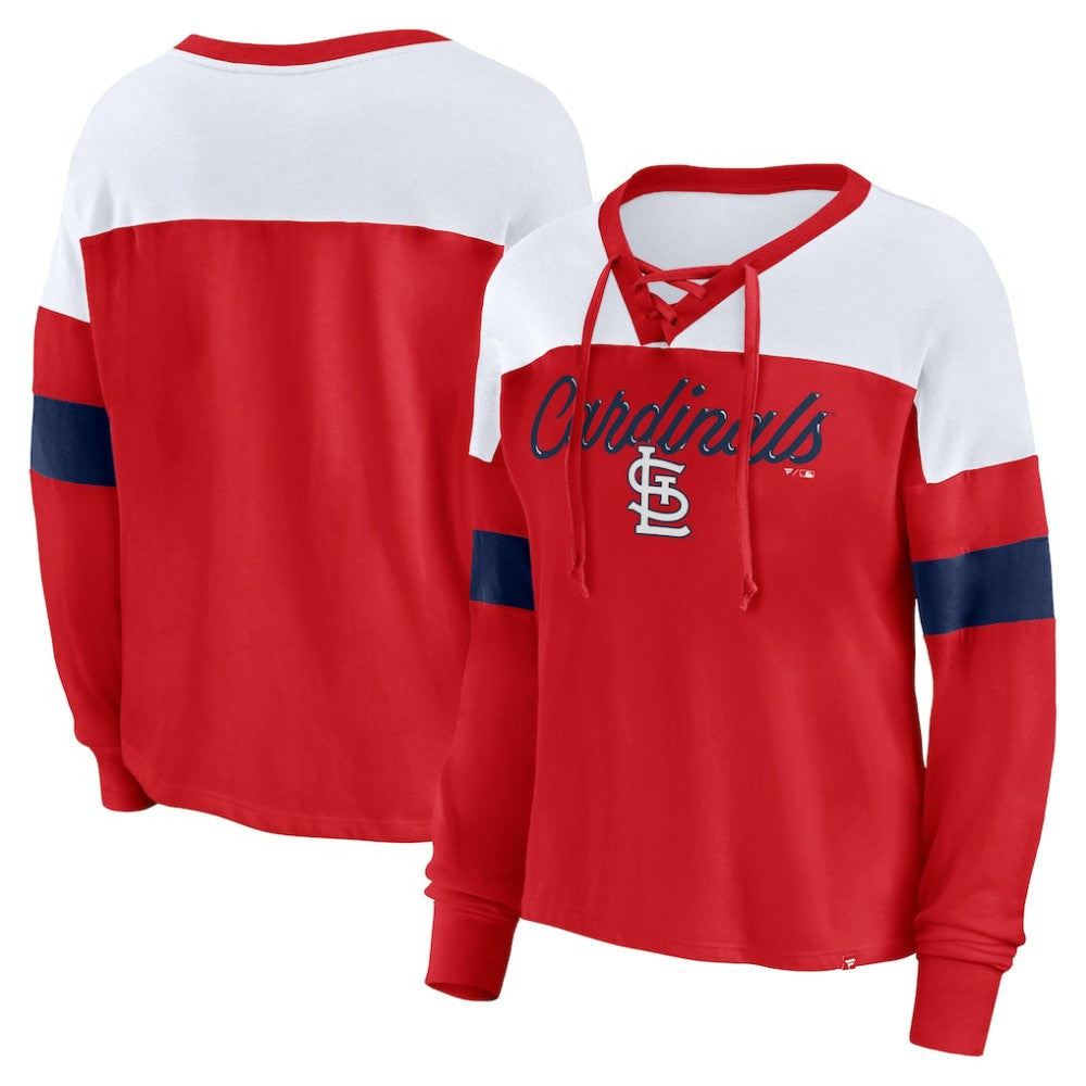 St. Louis Cardinals Fanatics Women's Even Match Lace-Up Long Sleeve V-Neck T-Shirt - Red/White T-shirts