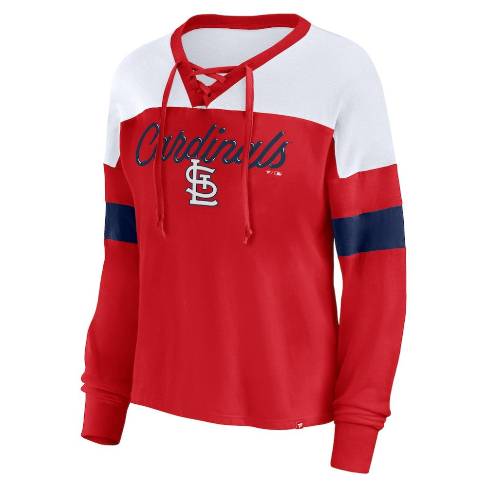 St. Louis Cardinals Fanatics Women's Even Match Lace-Up Long Sleeve V-Neck T-Shirt - Red/White T-shirts