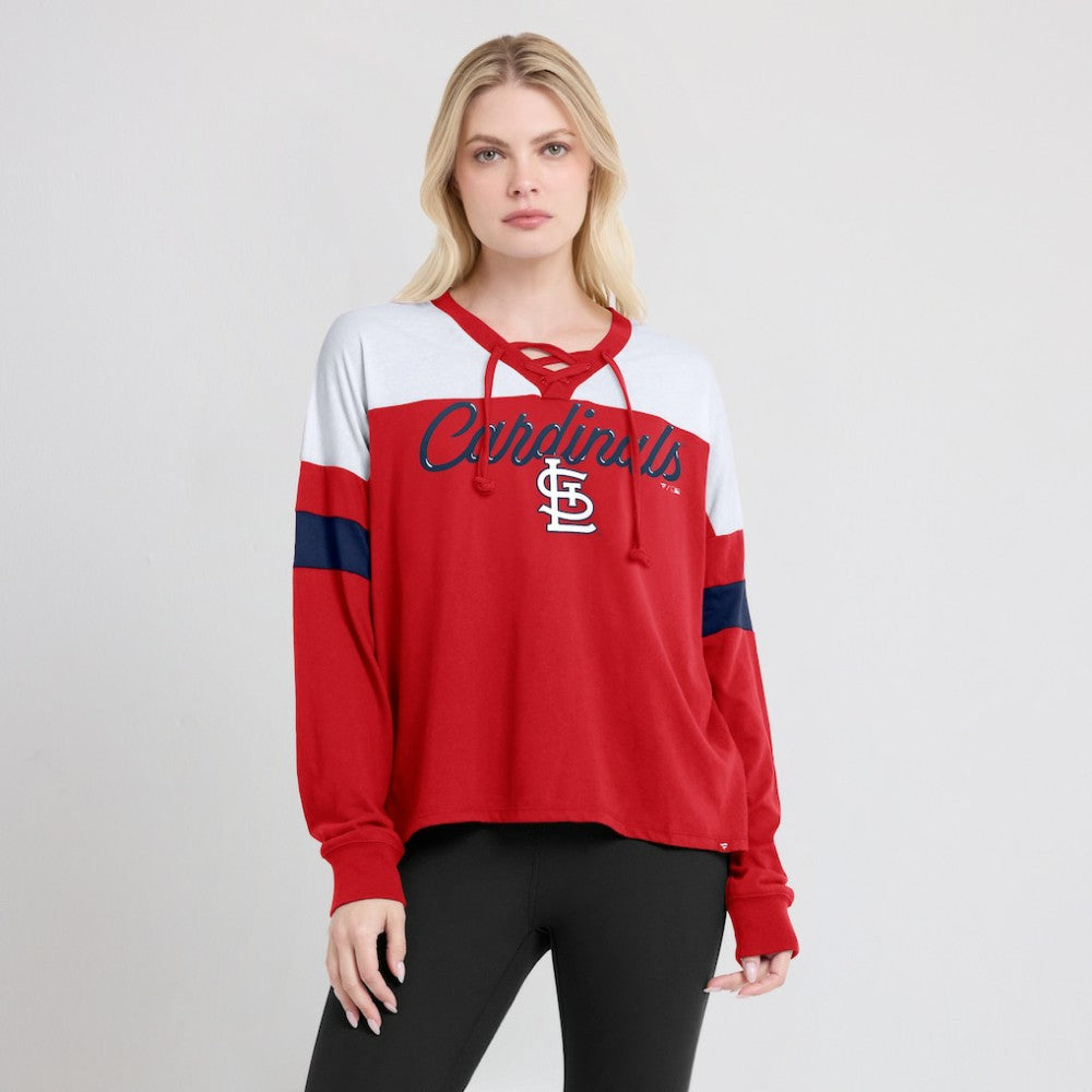 St. Louis Cardinals Fanatics Women's Even Match Lace-Up Long Sleeve V-Neck T-Shirt - Red/White T-shirts