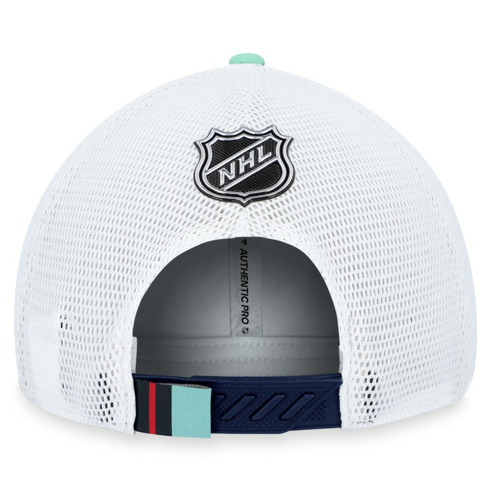 NHL Seattle Kraken Fanatics 2023 NHL Draft On Stage Trucker Adjustable Hat - Deep Sea Blue