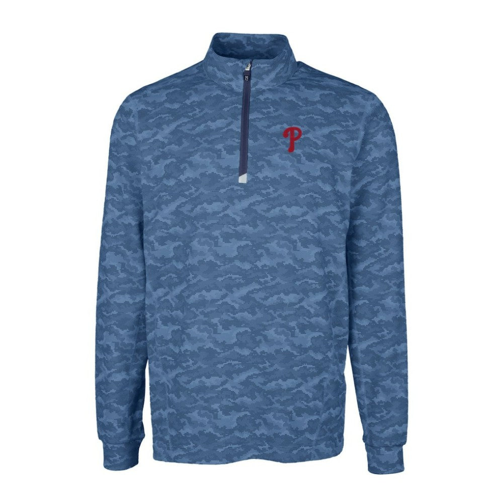 Philadelphia Phillies Cutter & Buck Big & Tall Traverse Camo Print Stretch Quarter-Zip Pullover Top - Navy Pullover