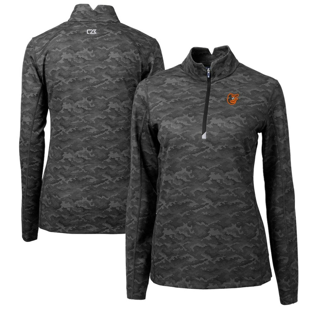 Baltimore Orioles Cutter & Buck Women's Traverse Camo Print Stretch Quarter-Zip Pullover Top - Black Pullover
