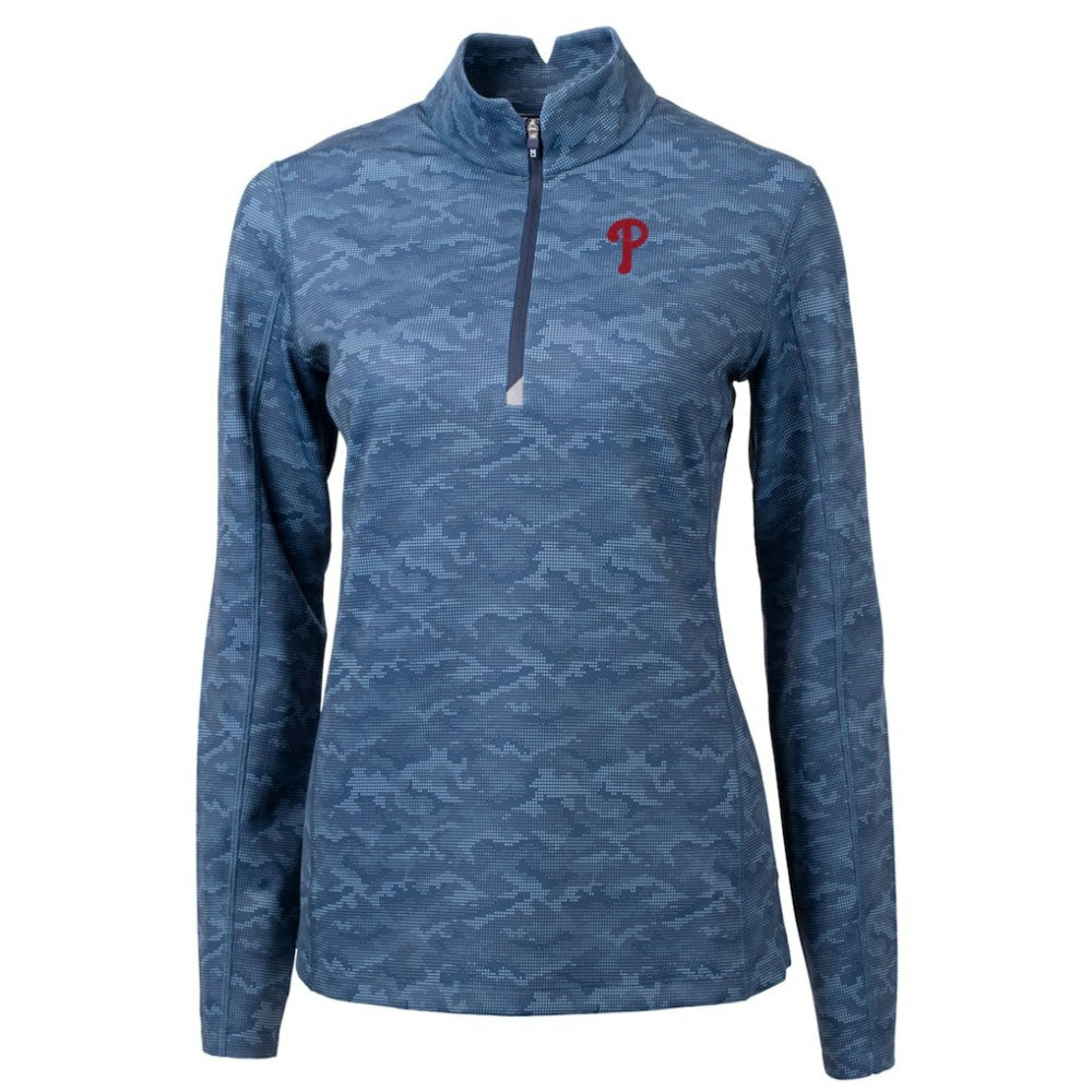 Philadelphia Phillies Cutter & Buck Women's Traverse Camo Print Stretch Quarter-Zip Pullover Top - Navy Pullover
