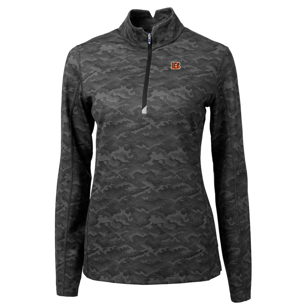 Cincinnati Bengals Cutter & Buck Women's Traverse Camo Print Stretch Quarter-Zip Pullover Top Black