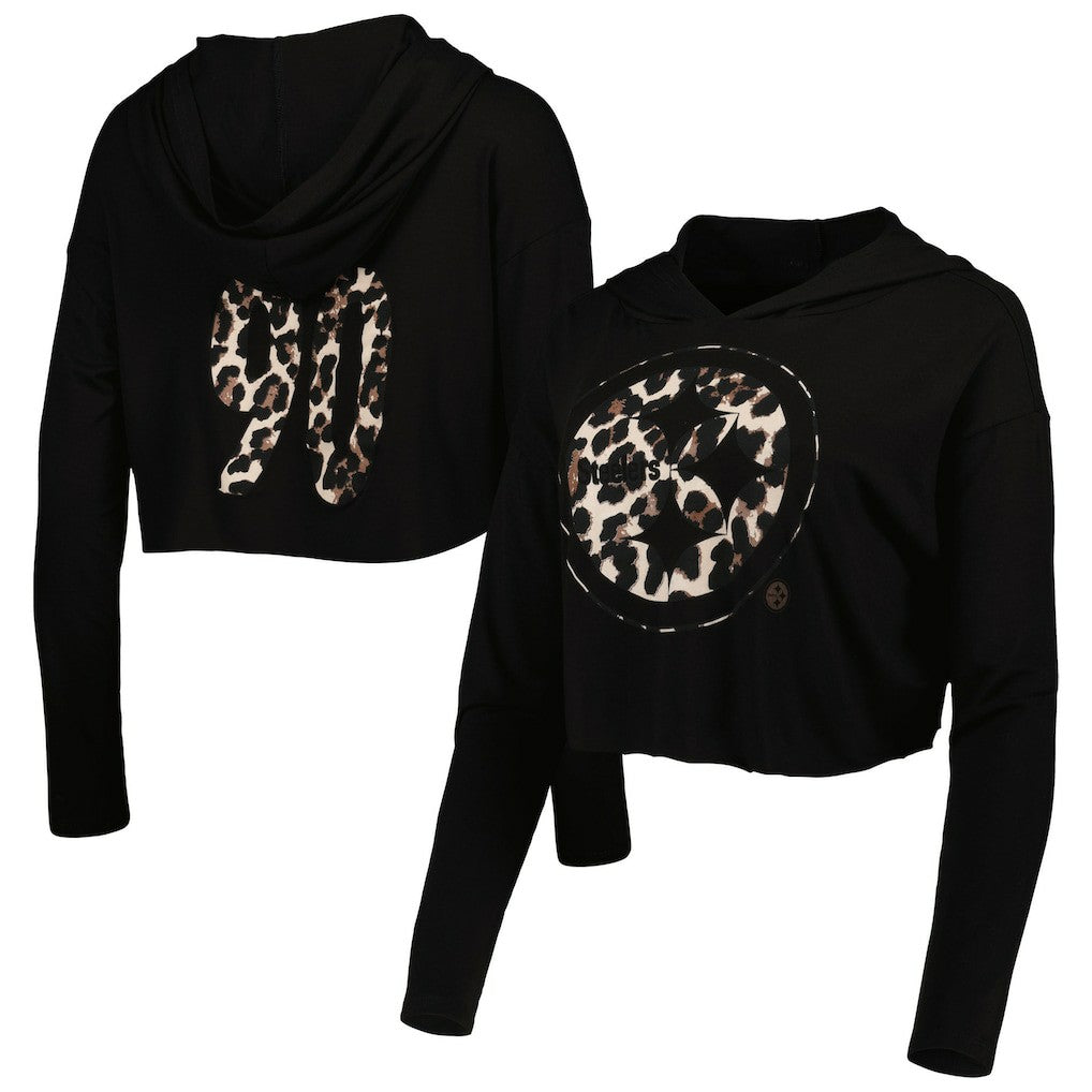 T.J. Watt Pittsburgh Steelers Majestic Threads Women's Leopard Player Name & Number Long Sleeve Cropped Hoodie Black