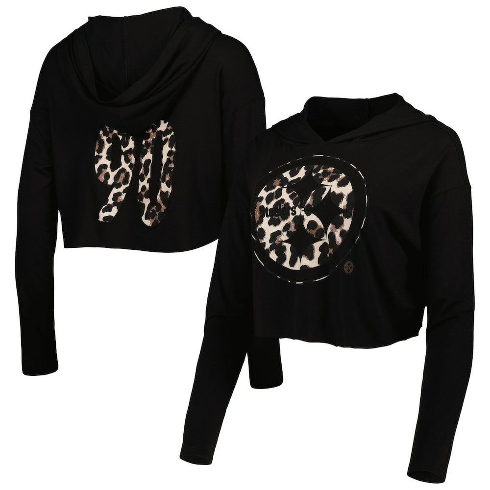 T.J. Watt Pittsburgh Steelers Majestic Threads Women's Leopard Player Name & Number Long Sleeve Cropped Hoodie Black