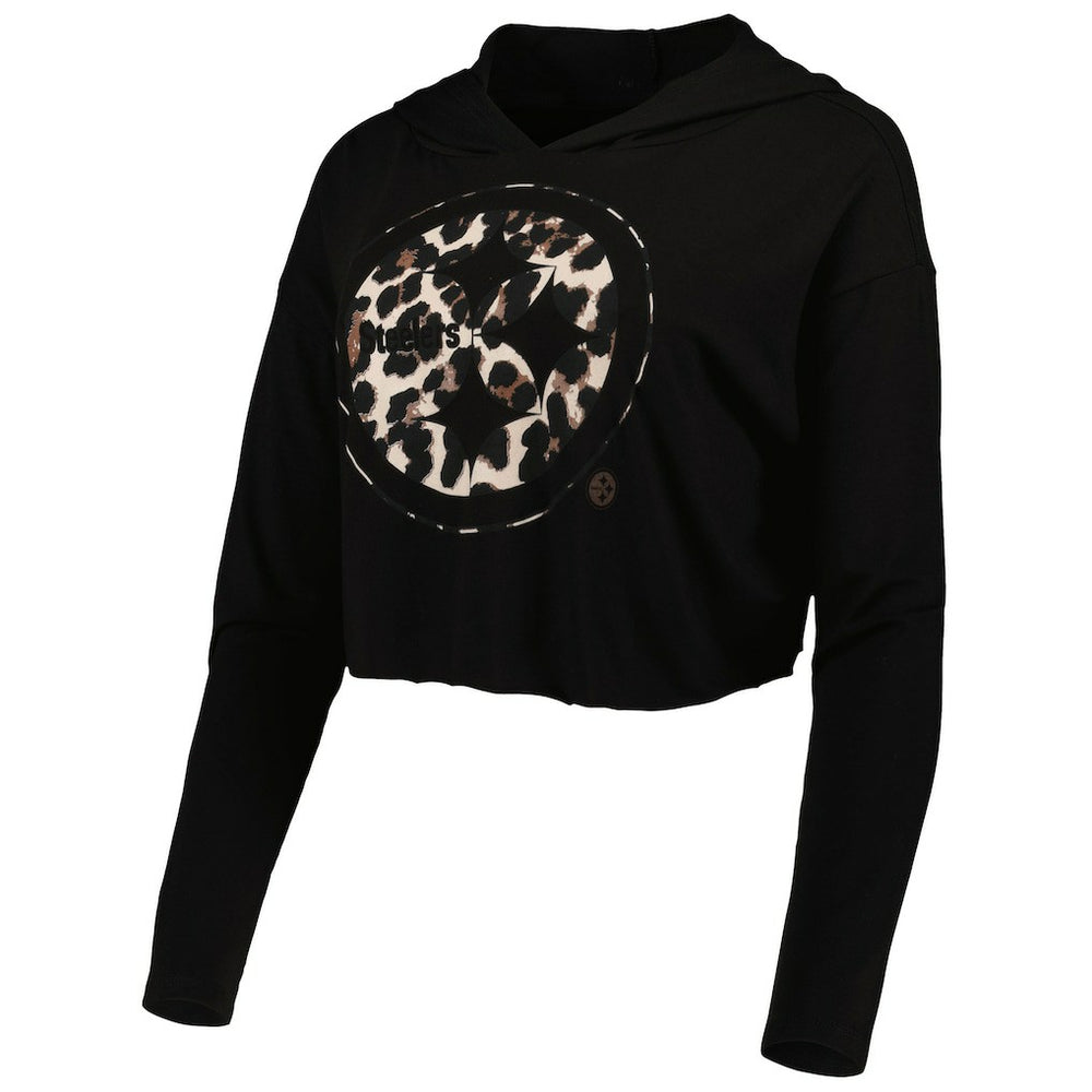 T.J. Watt Pittsburgh Steelers Majestic Threads Women's Leopard Player Name & Number Long Sleeve Cropped Hoodie Black