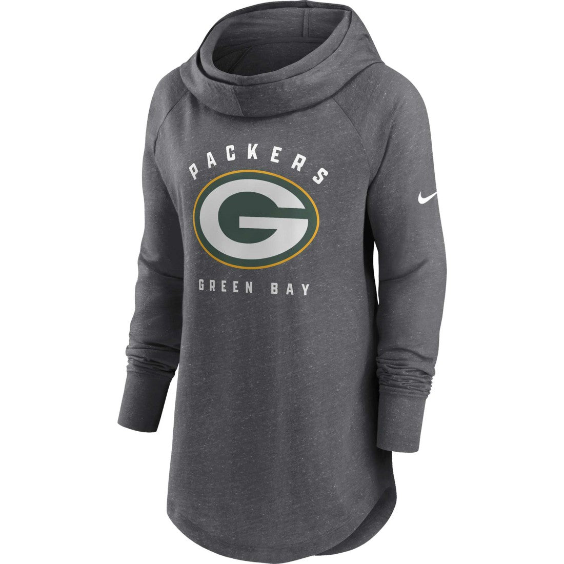 Green Bay Packers Women's Raglan Funnel Neck Pullover Hoodie Heather Charcoal