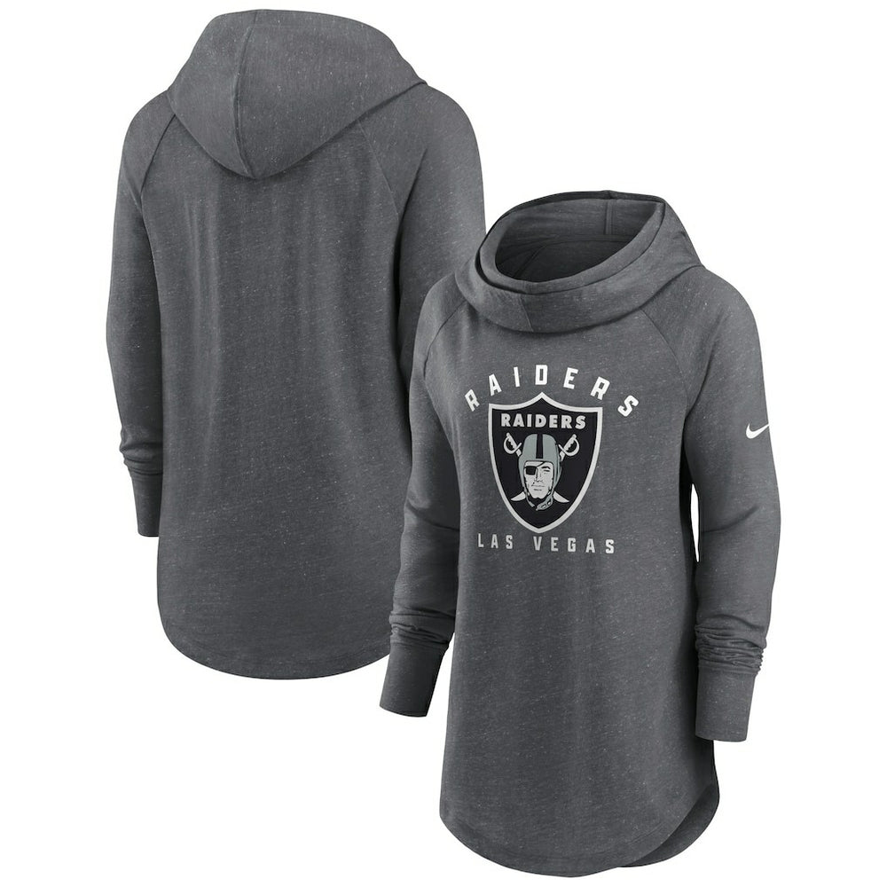 Las Vegas Raiders Women's Raglan Funnel Neck Pullover Hoodie Heather Charcoal